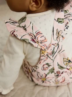 Roze bloemen - Baby Print Bodysuit met Lange mouwen en Corduroy bretelbroeken Set 2 Pieces (0mnd -2jr)
