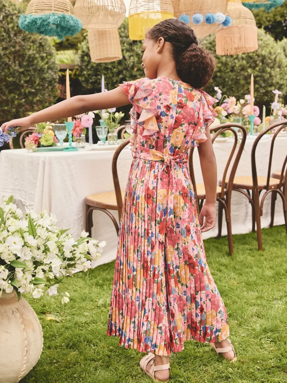 Roze bloemen - Short Sleeve Pleated Ruffle Jumpsuit (3-16yrs)