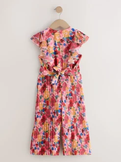 Roze bloemen - Short Sleeve Pleated Ruffle Jumpsuit (3-16yrs)