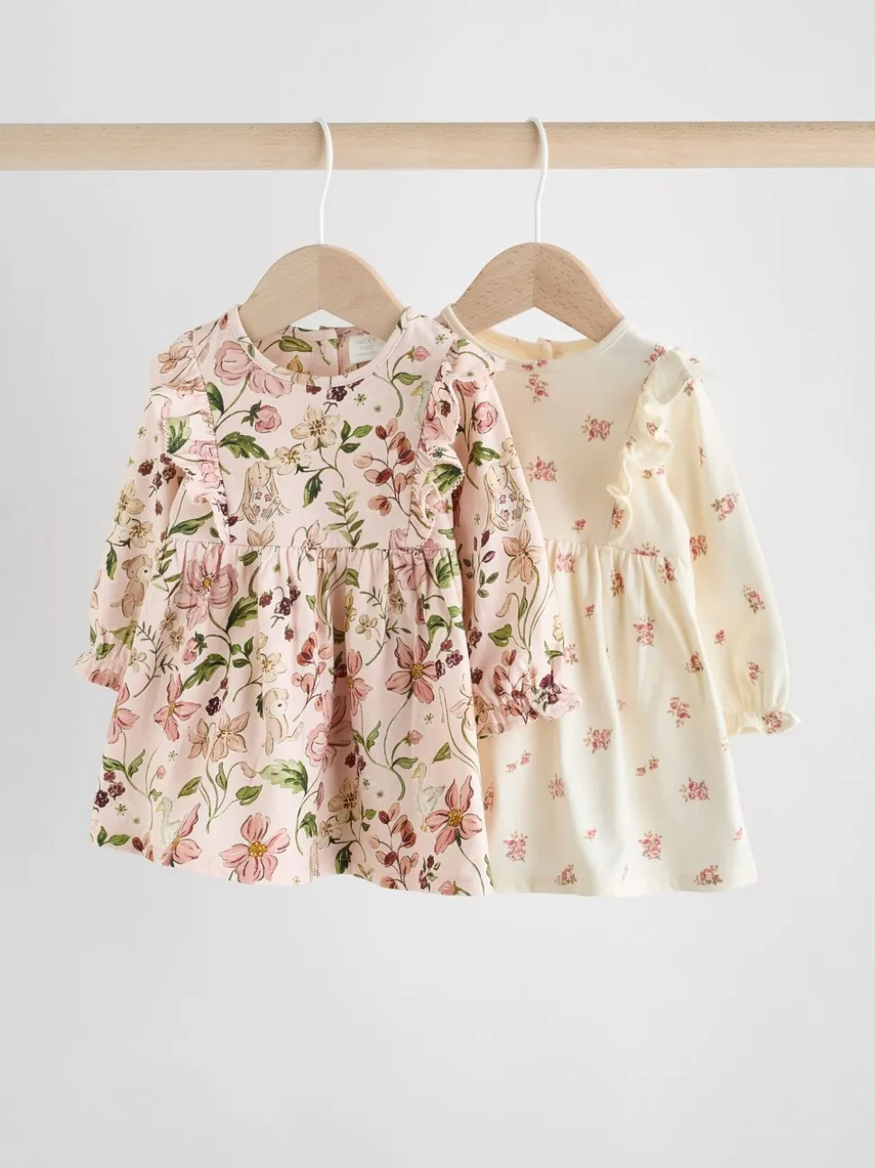 Roze bloemen/Crèmekleurige fijne bloemenprint - Verpakking van 2 jersey babyjurkjes (0 mnd-2 jr)