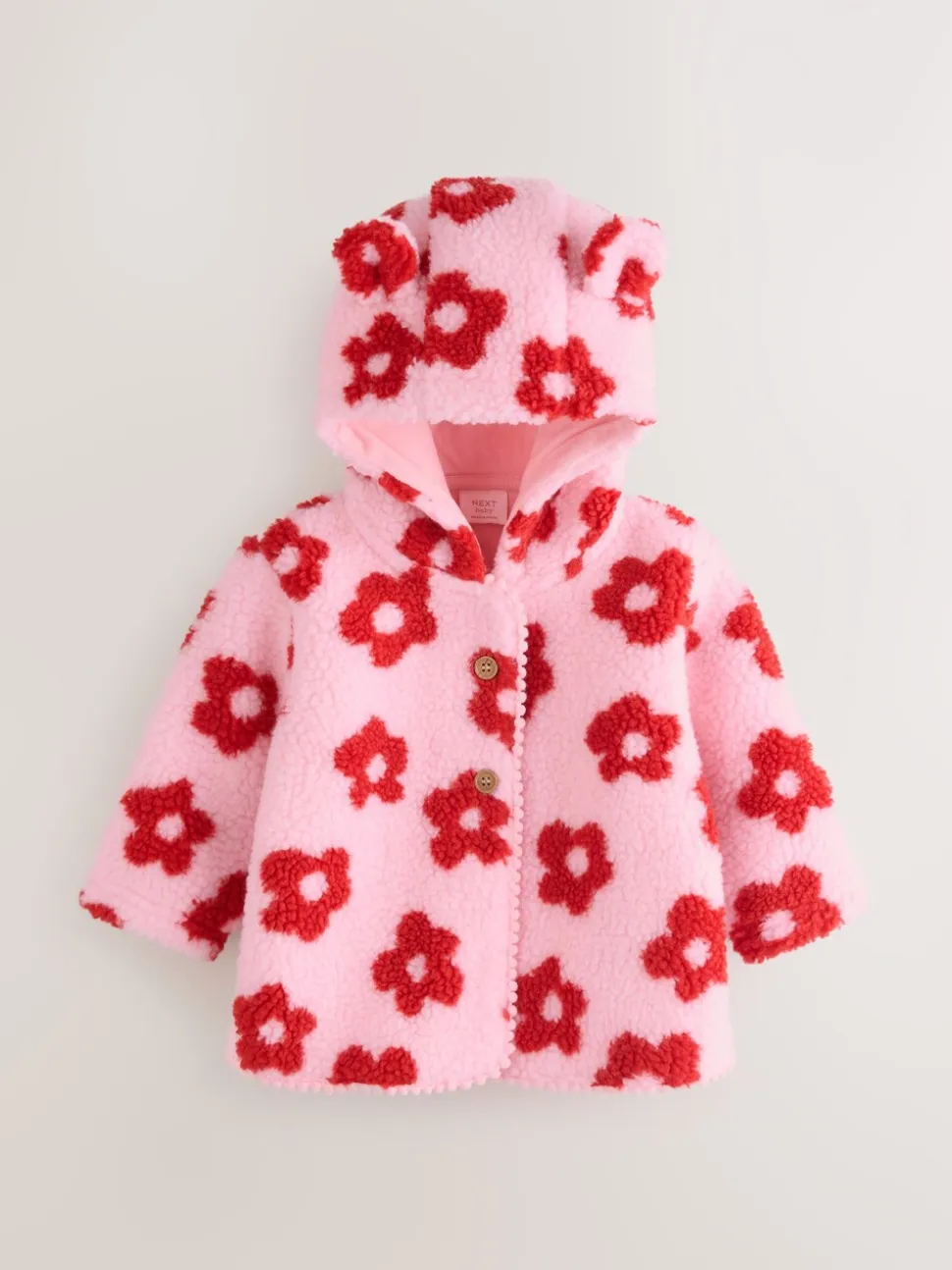 Roze bloemenprint over het geheel - Borg babyjack met capuchon (0mnd-2jr)