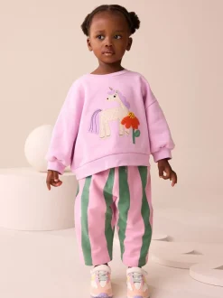 Roze gestreepte eenhoorn - Set van sweatshirt en joggingbroek met rechte wijde pijpen (3mnd -7jr)