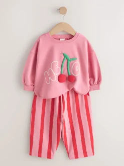 Roze gewatteerde kers - Set met top met lange mouwen en broek met wijde pijpen (3mnd-7jr)