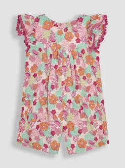 Roze jungle bloemenprint - JoJo Maman Bébé Speelpakje van 100% katoen met ruchemouwen