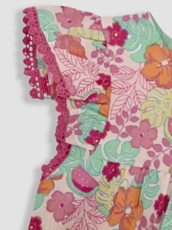 Roze jungle bloemenprint - JoJo Maman Bébé Speelpakje van 100% katoen met ruchemouwen