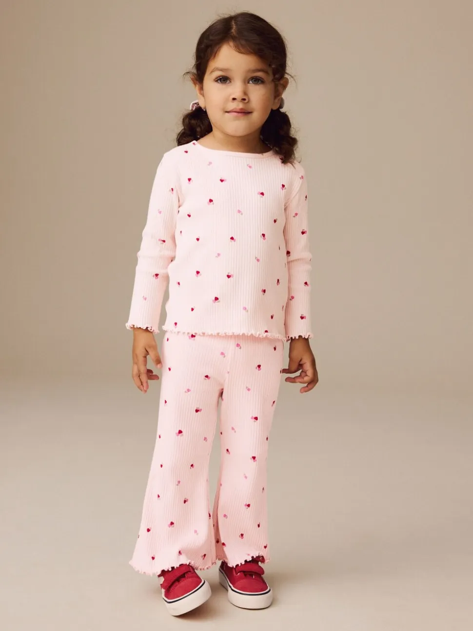 Roze kersenharten - Geribbelde flare legging (3 mnd-7 jr)