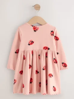 Roze lieveheersbeestje - Geribbelde jurk met lange mouwen (3mnd-7jr)