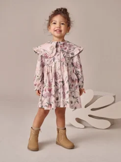 Roze met bloemenprint - Jurk met lange mouwen en kraag (3mnd-7jr)