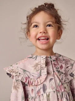 Roze met bloemenprint - Jurk met lange mouwen en kraag (3mnd-7jr)