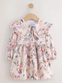 Roze met bloemenprint - Jurk met lange mouwen en kraag (3mnd-7jr)