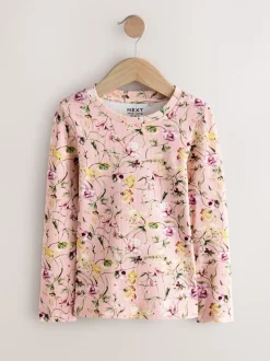 Roze met bloemenprint - Set van 4 geribbelde T-shirts met lange mouwen (3-16jr)