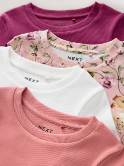Roze met bloemenprint - Set van 4 geribbelde T-shirts met lange mouwen (3-16jr)