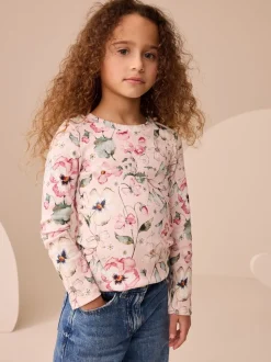 Roze met bloemenprint - Set van 4 geribbelde T-shirts met lange mouwen (3-16jr)