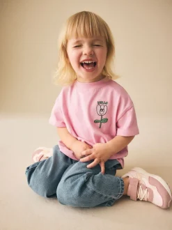 Roze met bloemenprint - Short Sleeve Embroidered T-Shirt (3mths-7yrs)