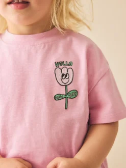 Roze met bloemenprint - Short Sleeve Embroidered T-Shirt (3mths-7yrs)