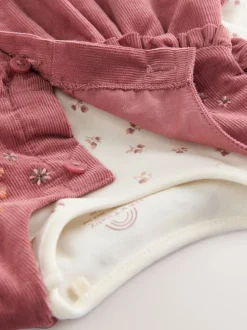 Roze met borduursel - Set van corduroy pinafore, bodysuit met lange mouwen en maillot voor baby's (0mnd-2jr)