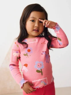 Roze met eenhoornprint - Geribbeld T-shirt met lange mouwen (3mnd-7jr)