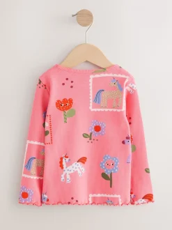 Roze met eenhoornprint - Geribbeld T-shirt met lange mouwen (3mnd-7jr)