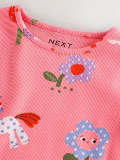 Roze met eenhoornprint - Geribbeld T-shirt met lange mouwen (3mnd-7jr)