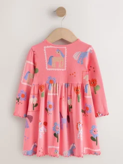 Roze met eenhoornprint - Geribbelde jurk met lange mouwen (3mnd-7jr)