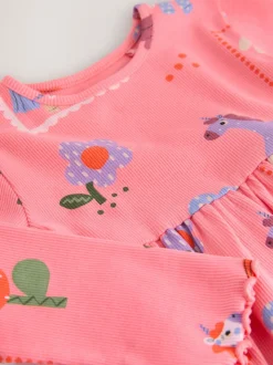 Roze met eenhoornprint - Geribbelde jurk met lange mouwen (3mnd-7jr)