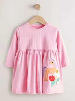 Roze met eenhoornprint - Jurk met lange mouwen en versiering (3mnd -7jr)