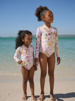 Roze met gebloemde lapjesprint - Long Sleeve Sunsafe Swimsuit (3mths-16yrs)
