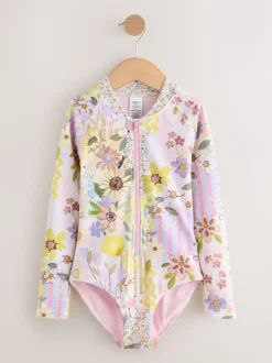 Roze met gebloemde lapjesprint - Long Sleeve Sunsafe Swimsuit (3mths-16yrs)