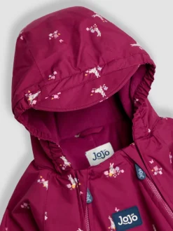 Roze met konijn- en bloemenprint - JoJo Maman Bébé - Waterdicht regenpak met fleecevoering
