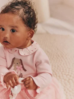 Roze met konijnen - Gebreide tweedelige babyjurk (0mnd-2jr)
