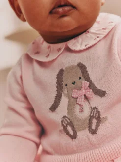 Roze met konijnen - Gebreide tweedelige babyjurk (0mnd-2jr)