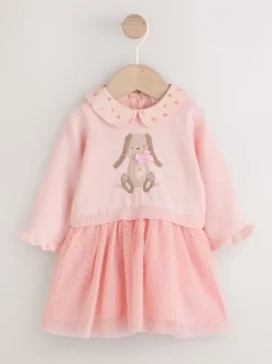 Roze met konijnen - Gebreide tweedelige babyjurk (0mnd-2jr)