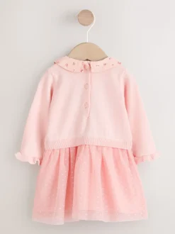 Roze met konijnen - Gebreide tweedelige babyjurk (0mnd-2jr)