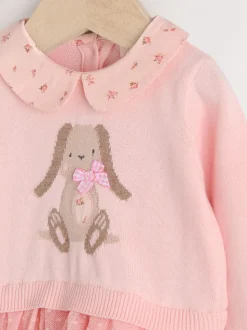 Roze met konijnen - Gebreide tweedelige babyjurk (0mnd-2jr)