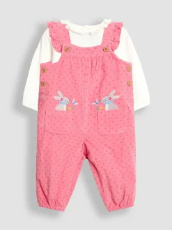 Roze met konijnen - JoJo Maman Bébé - Set van corduroy tuinbroek met applicatie en top
