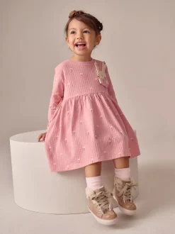 Roze met konijnen - Jurk met lange mouwen en versiering (3mnd -7jr)