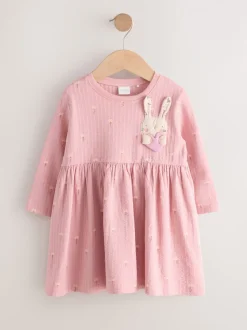 Roze met konijnen - Jurk met lange mouwen en versiering (3mnd -7jr)
