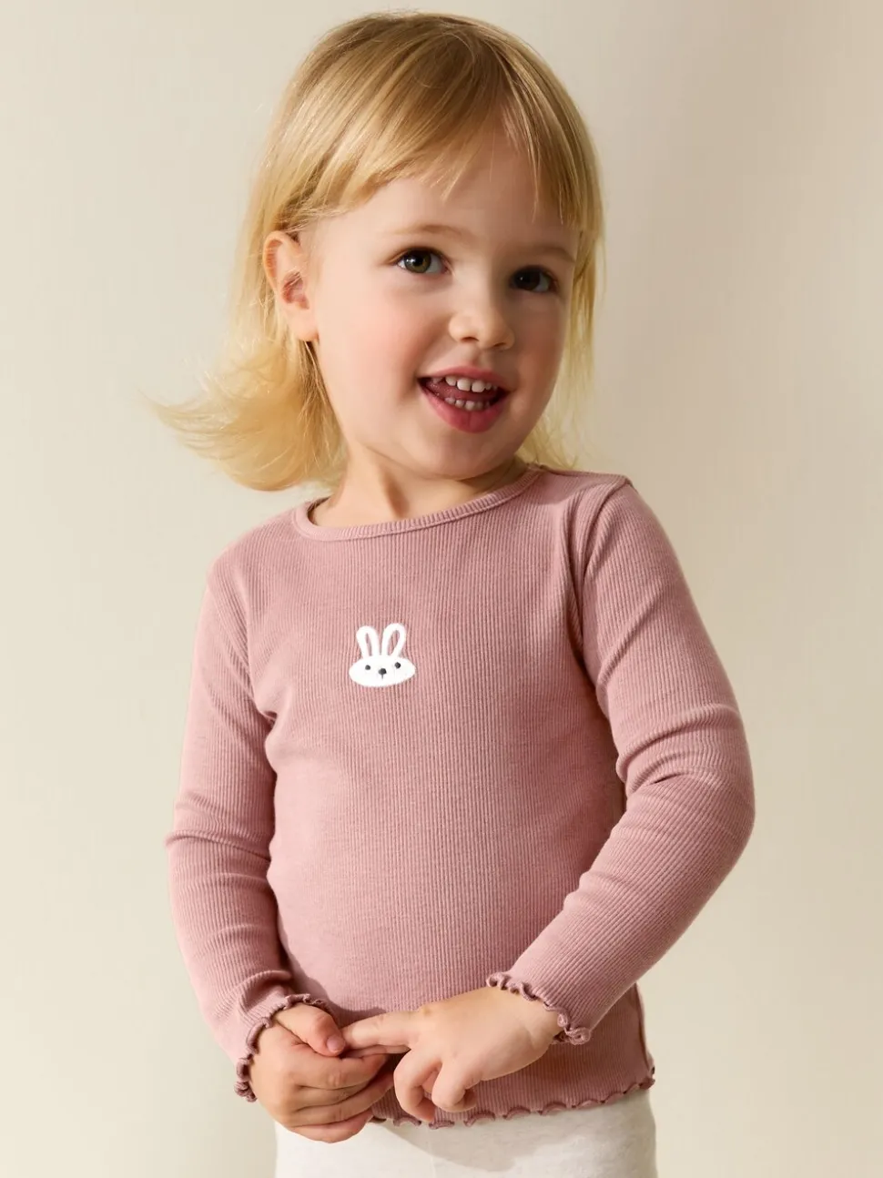 Roze met konijnen - Long sleeve Embroidered Ribbed Top (3mths-7yrs)