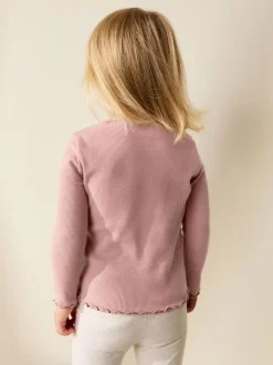 Roze met konijnen - Long sleeve Embroidered Ribbed Top (3mths-7yrs)