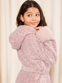 Roze met luipaardprint - Lipsy zacht aanvoelende badjas met folieprint en capuchon (5-16jr)