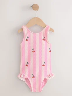 Roze met streep- en kersenprint - Badpak met ruches op de pijpen (3mnd -7jr)