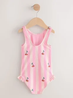 Roze met streep- en kersenprint - Badpak met ruches op de pijpen (3mnd -7jr)