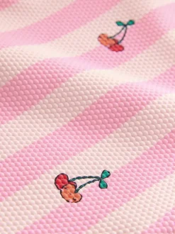 Roze met streep- en kersenprint - Badpak met ruches op de pijpen (3mnd -7jr)