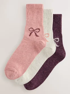Roze met strikjes - Thermische enkelsokken van wol-zijdemix verpakking van 3