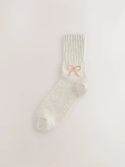 Roze met strikjes - Thermische enkelsokken van wol-zijdemix verpakking van 3