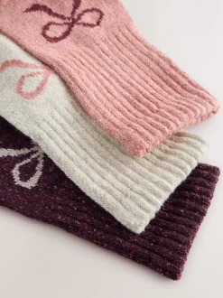 Roze met strikjes - Thermische enkelsokken van wol-zijdemix verpakking van 3