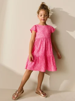 Roze met vrolijke print - Angel Sleeve Crinkle Dress (3-16yrs)