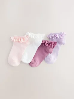 Roze. Paars en wit - 4 Paar sneakersokken met ruche en hoog katoengehalte