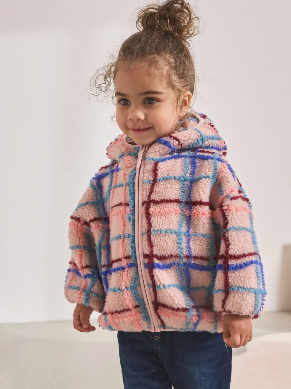 Roze rasterprint - Fleece met ritssluiting (3mnd-7jr)