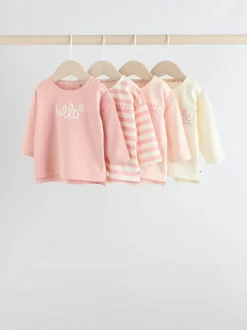 Roze Strepen/Slogan - Verpakking van 4 Baby Tops met Lange mouwen (0mnd -2jr)